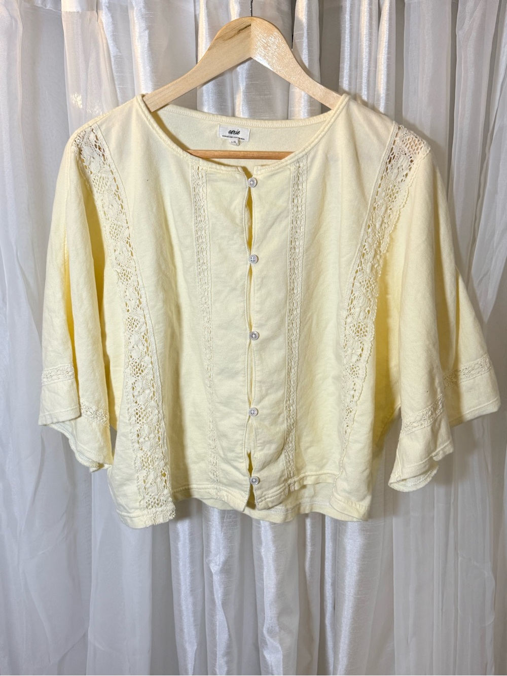 aerie Pale Yellow Lace-Trim Button-Front Top